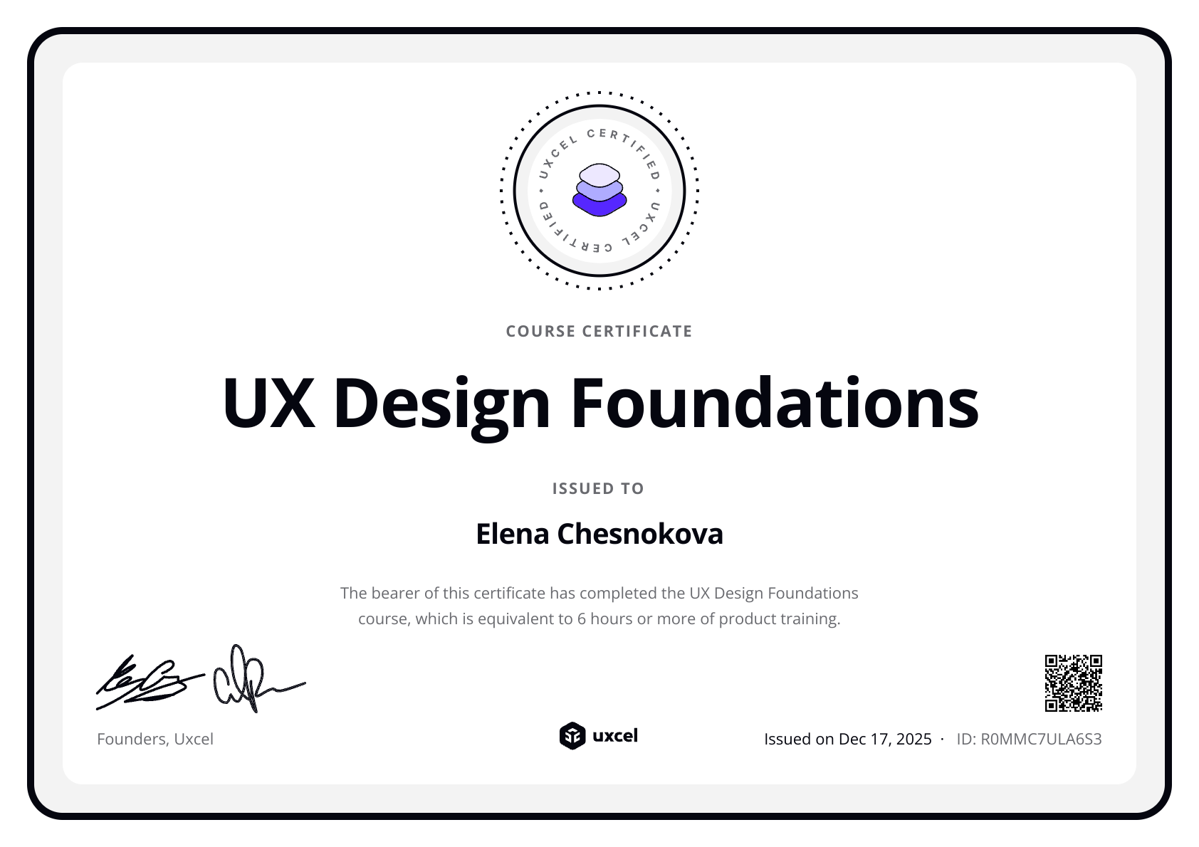 Elena Chesnokova's certificate